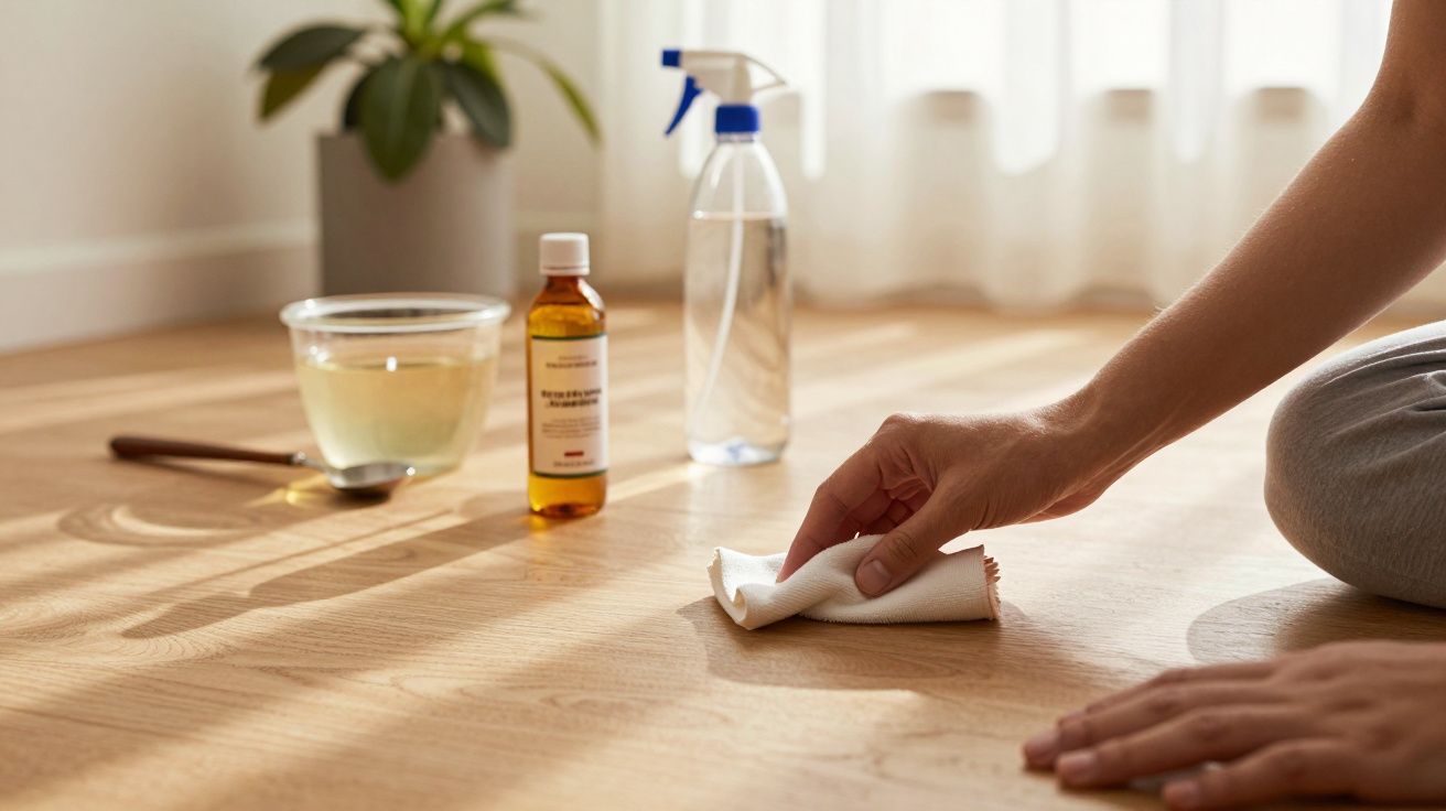 Hand wischt Holzboden, umgeben von Reinigungsmitteln und Topfpflanze im Hintergrund.