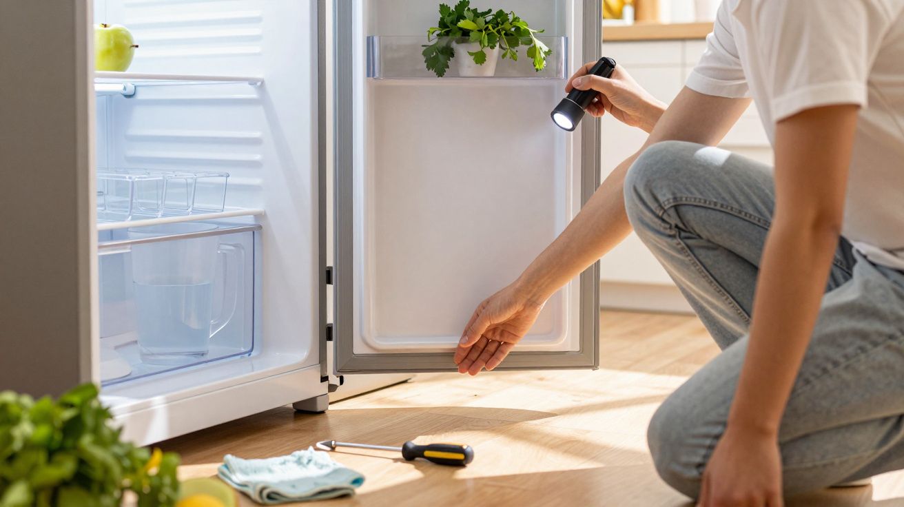 Person im Denim kniet vor offenem Kühlschrank, hält Taschenlampe, Werkzeug liegt am Boden, Kräuter auf der oberen Ablage.