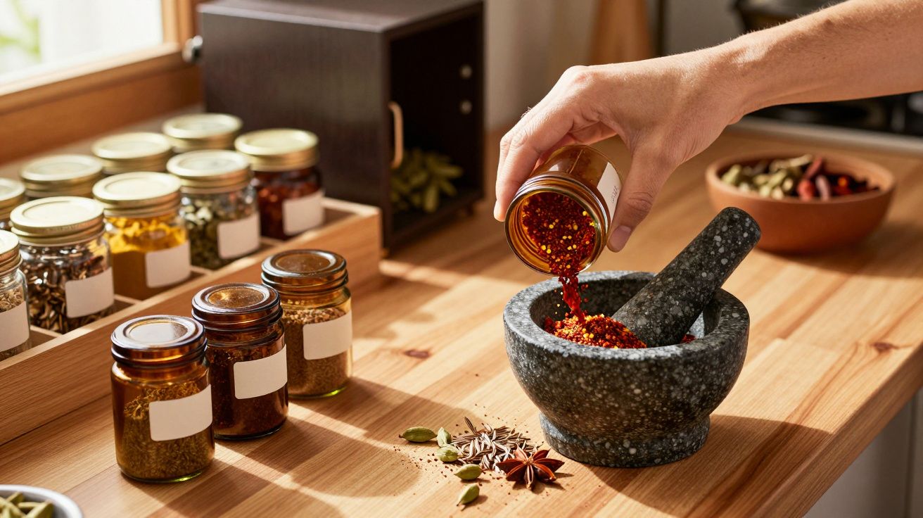Hand füllt rote Gewürze in einen Mörser auf Holztisch mit Gewürzgläsern.