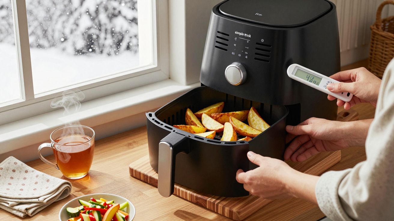 Person bedient Heißluftfritteuse in Küche mit Pommes, Tee und Salat auf Holztisch, Schneeszenerie draußen durchs Fenster.