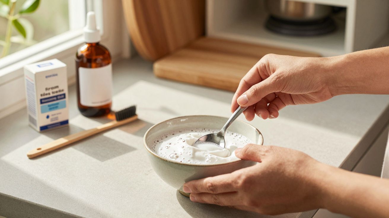Eine Person rührt mit einem Löffel in einer Schüssel mit weißem Schaum auf einer Küchenarbeitsplatte.