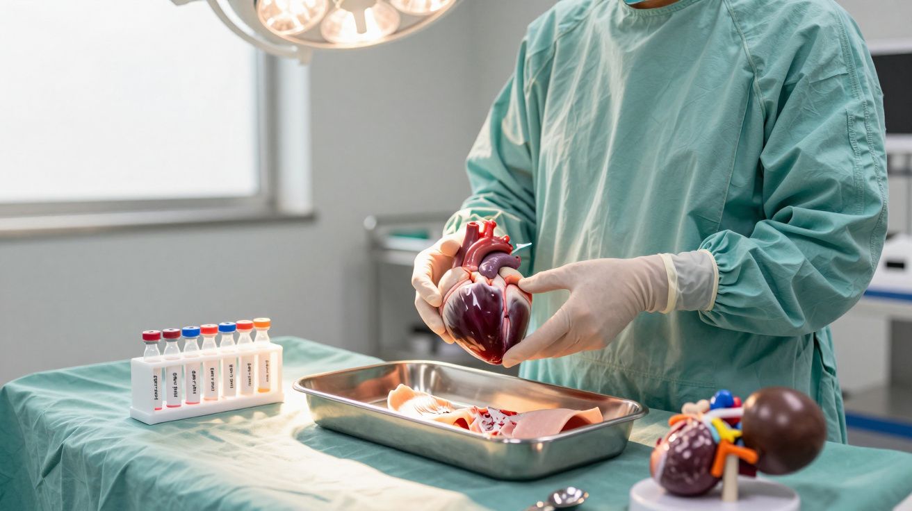 Chirurg in OP-Kleidung hält ein künstliches Herz über einem Tablett; medizinische Instrumente im Hintergrund.