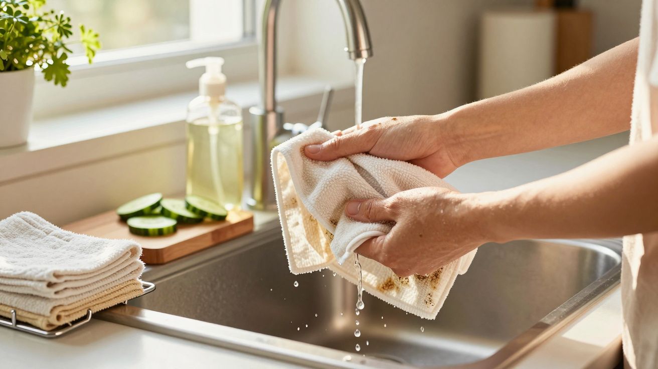 Hände spülen ein weißes Tuch im Waschbecken, Sonnenlicht fällt durch das Fenster, daneben Seifenspender und Handtücher.