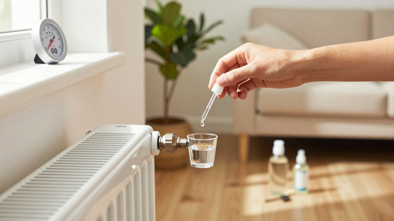 Hand träufelt Wasser in Glas auf Heizkörper, Raum mit Pflanzen im Hintergrund.