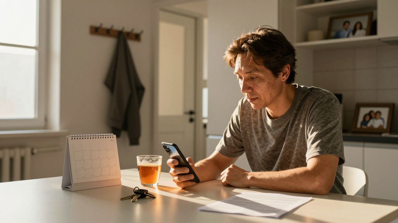 Mann in grauem T-Shirt sitzt am Tisch, schaut auf sein Handy. Kalendertisch, Glas Tee und Schlüssel liegen vor ihm.