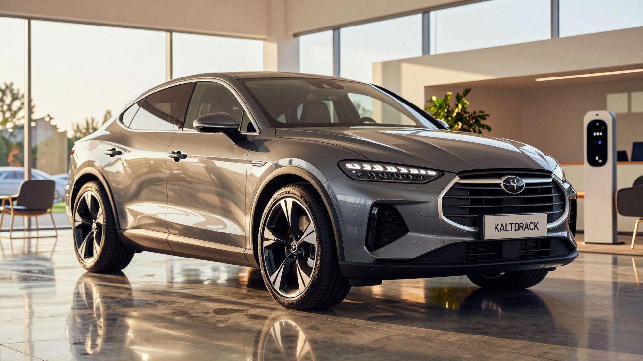 Graues Elektroauto in einem modernen Showroom mit großen Fenstern und Pflanzen im Hintergrund.