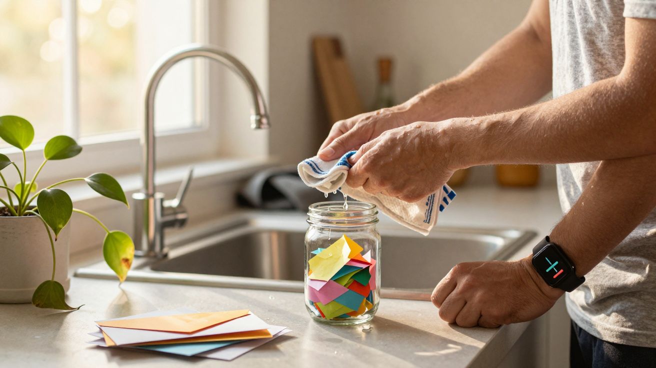 Person am Waschbecken wringt Lappen über Glas mit bunten Papierstücken aus.