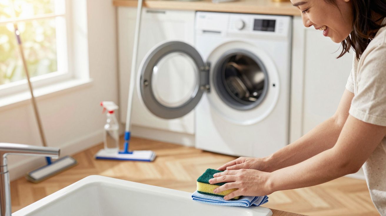 Frau reinigt Waschbecken mit Schwamm, offene Waschmaschine im Hintergrund auf hellem Holzboden.