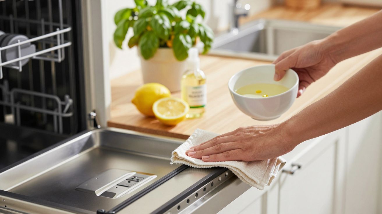 Hand reinigt Geschirrspüler mit einem Tuch und einer Zitronenlösung, Kräuterpflanze und Zitrone auf Arbeitsplatte.