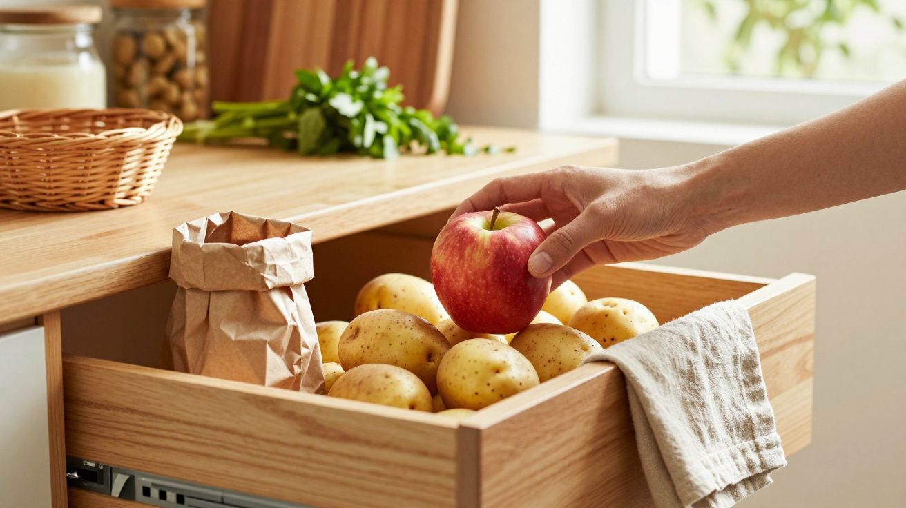 Hand nimmt einen roten Apfel aus einer Schublade voller Kartoffeln in einer Küche.
