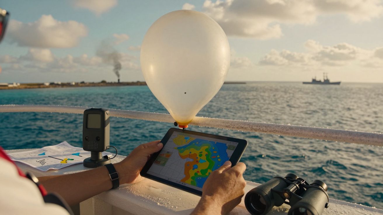 Person auf einem Schiff verwendet ein Tablet mit Wetterkarte, daneben Fernglas, Ballon und GPS-Gerät, Meer im Hintergrund.