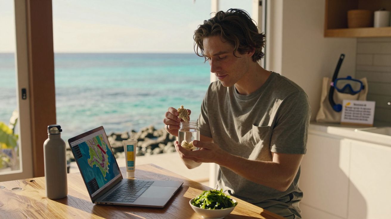 Mann isst Snack, arbeitet am Laptop mit Blick aufs Meer, Tauchbrille im Hintergrund, Schüssel mit Grünzeug auf dem Tisch.