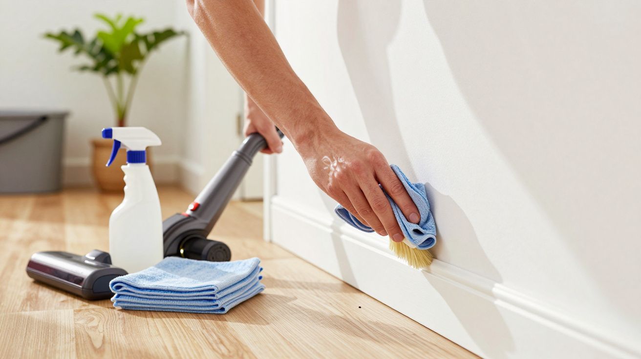 Hand wischt Sockelleiste mit blauem Tuch, daneben Putzmittel und Staubsauger auf Holzboden. Im Hintergrund große Pflanze.