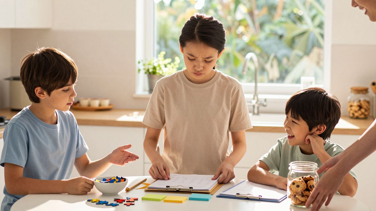Drei Kinder sitzen am Küchentisch, eines zählt Steine, eines schreibt in ein Heft und das dritte lacht fröhlich.