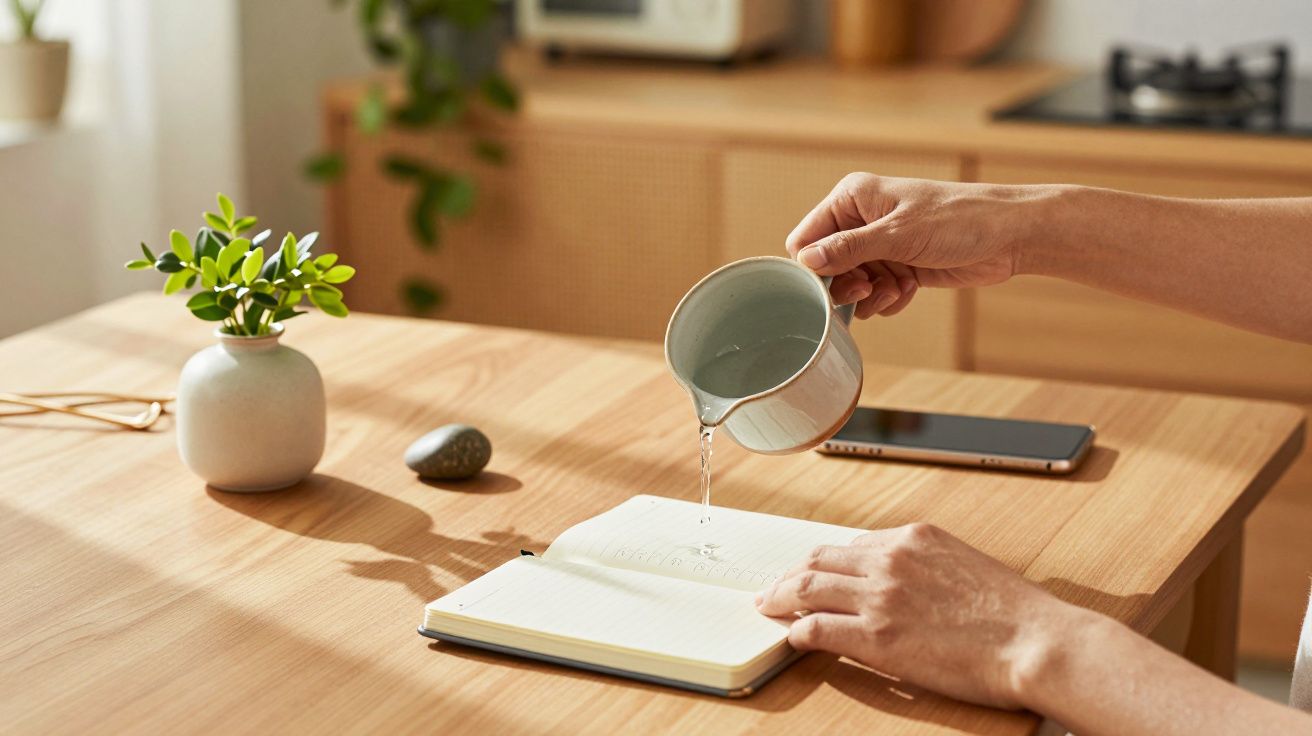 Hand gießt Wasser aus Tasse auf Notizbuch auf Holztisch, daneben ein Topfpflanze und ein Smartphone.