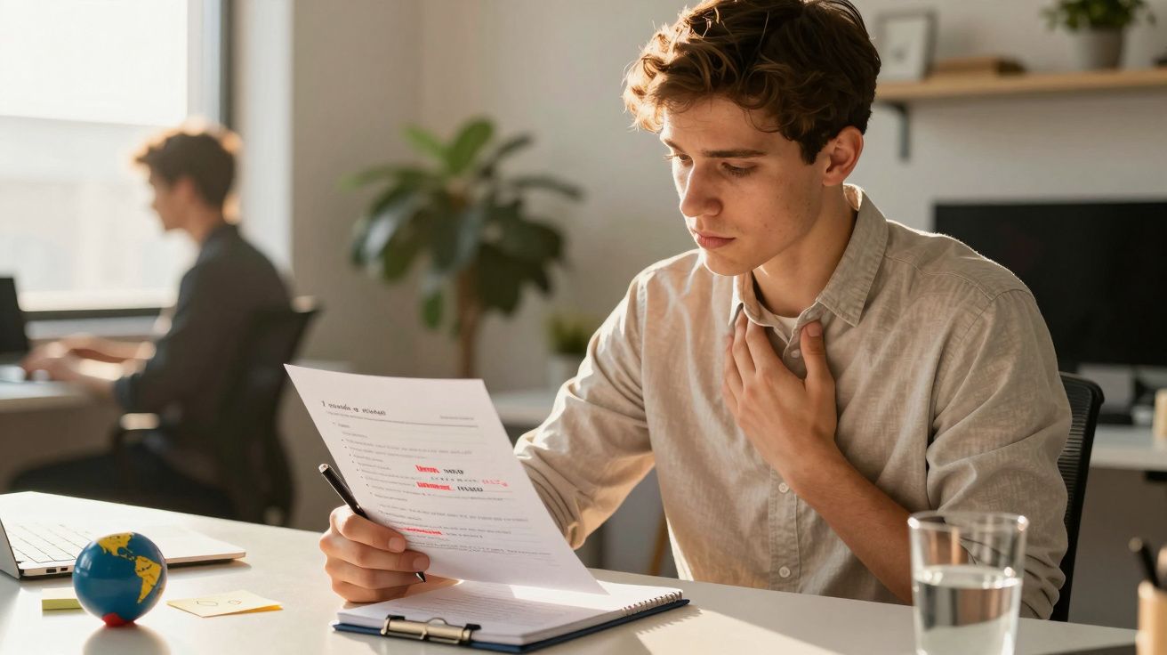 Mann im Büro liest konzentriert ein Dokument, hält den Kragen, im Hintergrund arbeitet eine andere Person am Laptop.