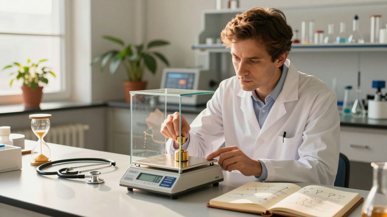 Ein Wissenschaftler im Labor misst mit einer Waage, umgeben von Laborgeräten, einem Buch und einer Sanduhr.