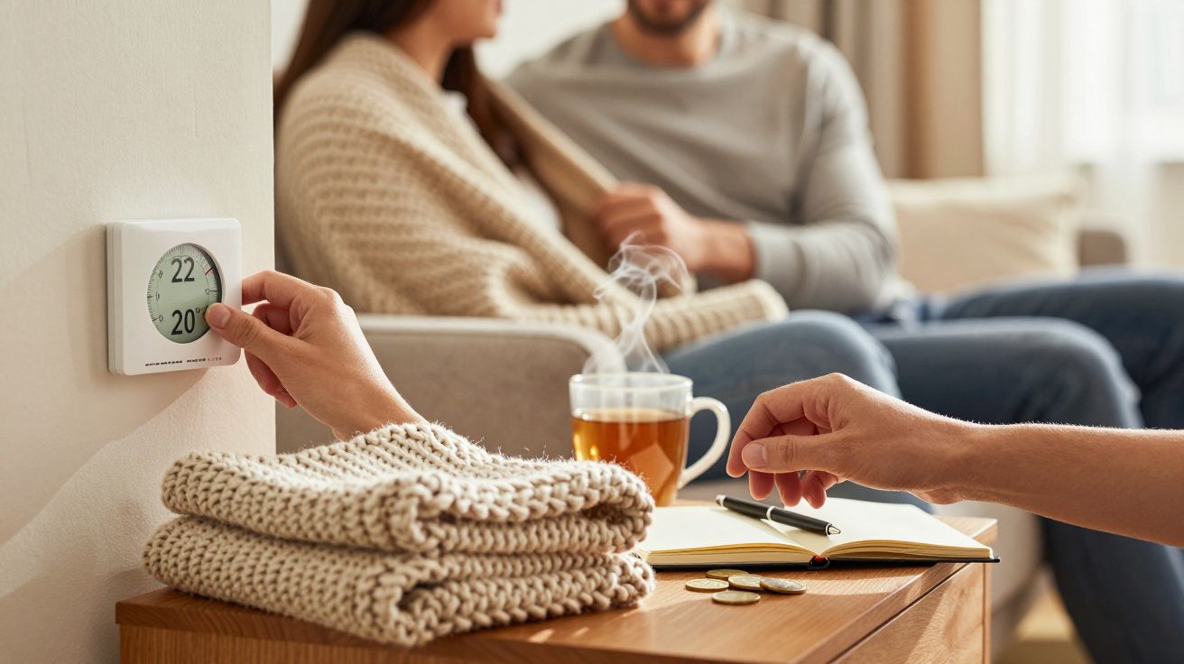 Person stellt Thermostat ein, zwei Menschen sitzen auf dem Sofa, mit Tee und Strickdecke auf dem Tisch im Vordergrund.