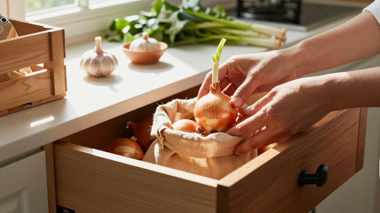 Hände legen eine Zwiebel in eine geöffnete Küchenschublade neben einem Leinentasche mit weiteren Zwiebeln.