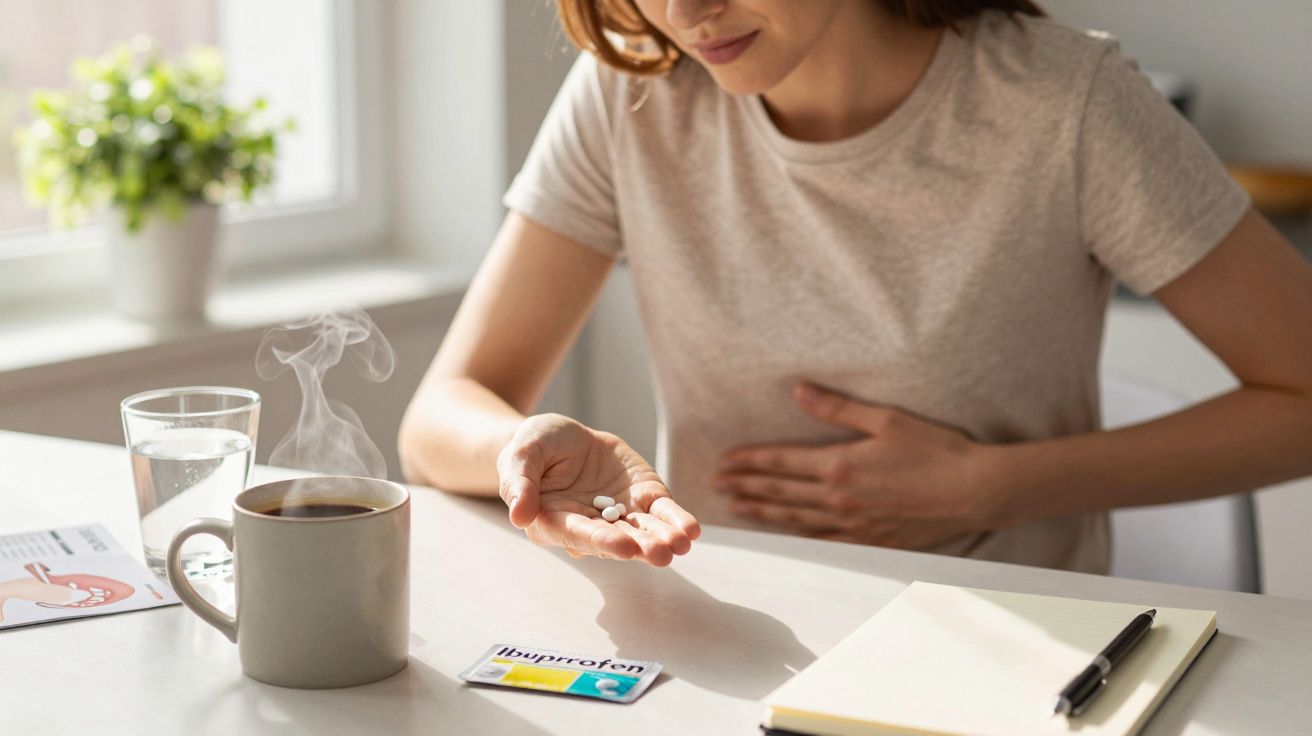 Frau mit Bauchschmerzen nimmt Ibuprofen, Tasse Kaffee und Glas Wasser auf dem Tisch.