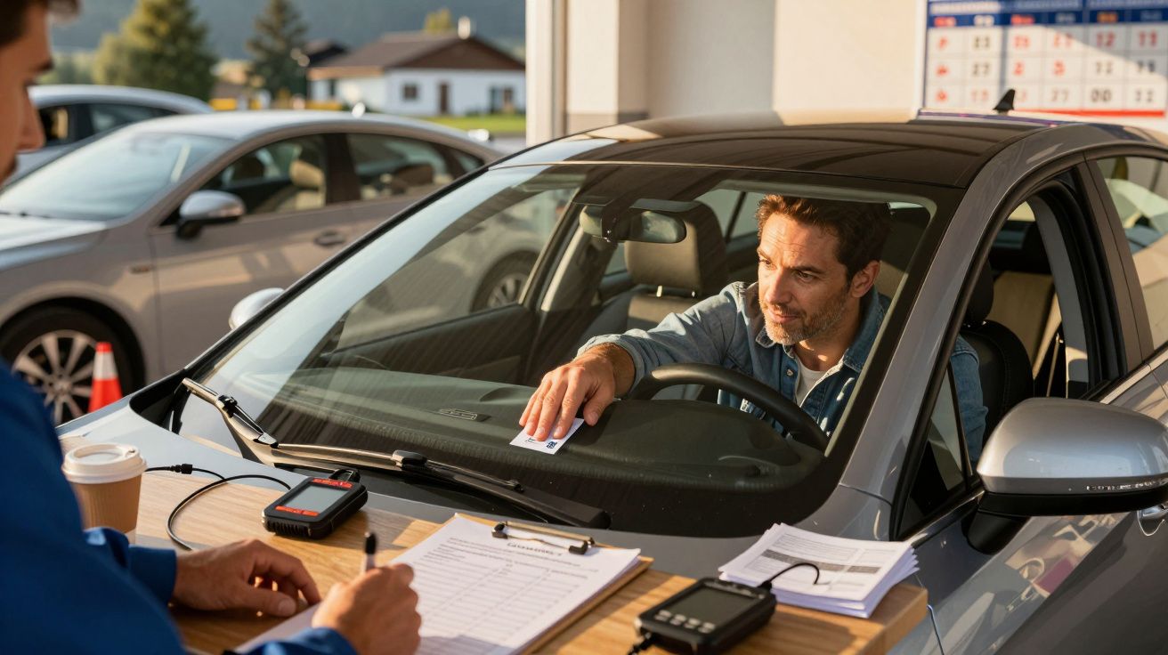 Mann im Auto reicht Dokument durch Fenster an Mitarbeiter mit Klemmbrett und elektronischem Gerät.