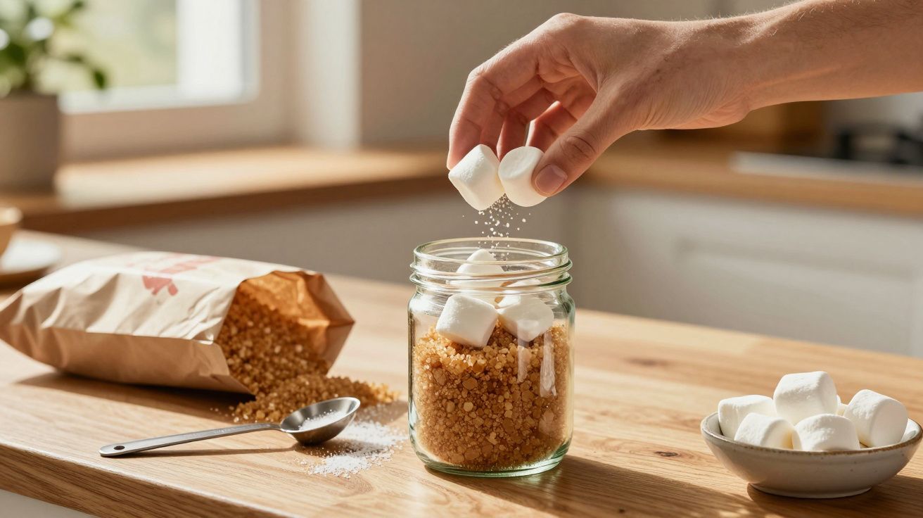 Hand legt Marshmallows in ein Glas mit braunem Zucker, daneben eine offene Packung und ein Löffel auf einem Holztisch.