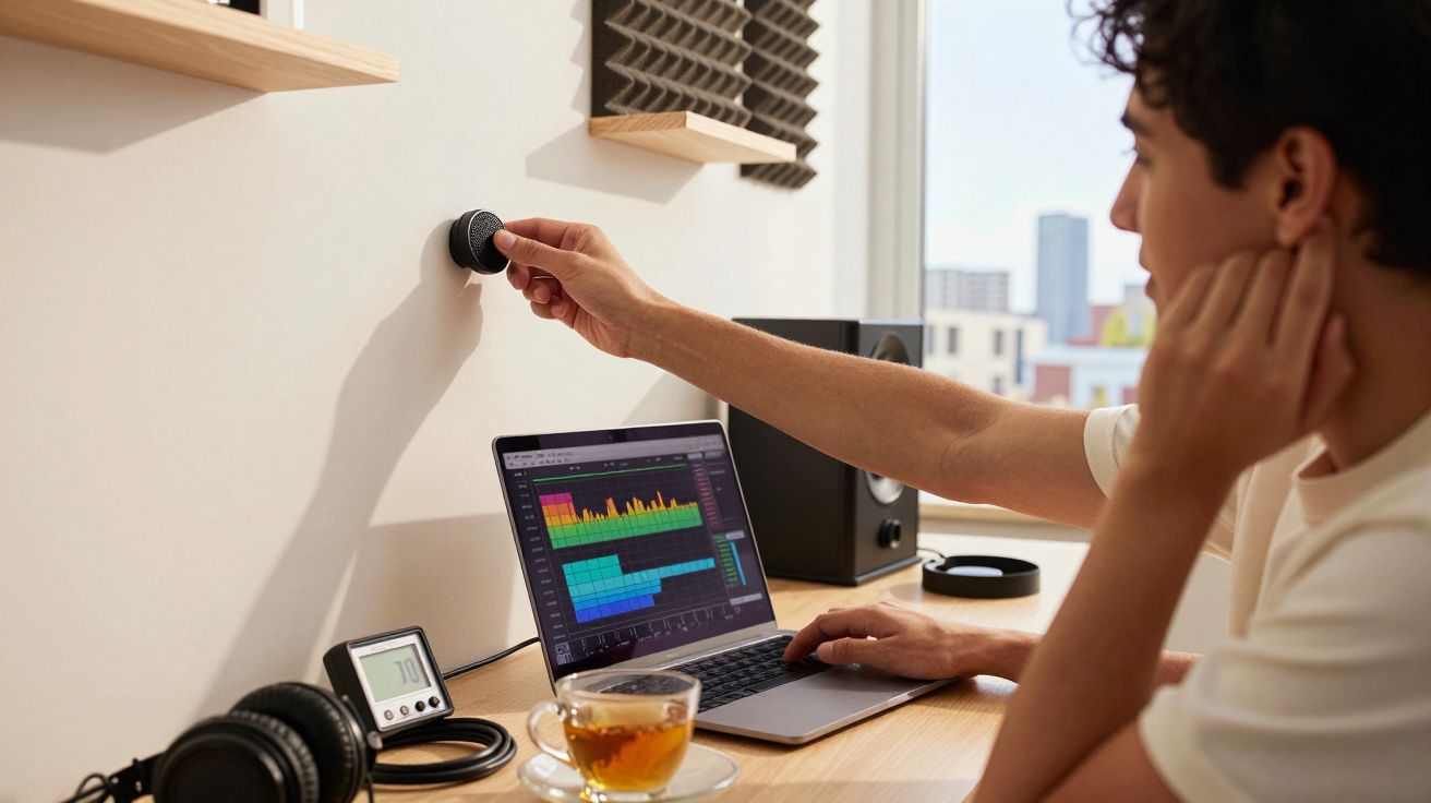 Person im Tonstudio, arbeitet am Laptop mit Audio-Software, dreht an Lautstärkeregler an der Wand. Im Vordergrund Tee.