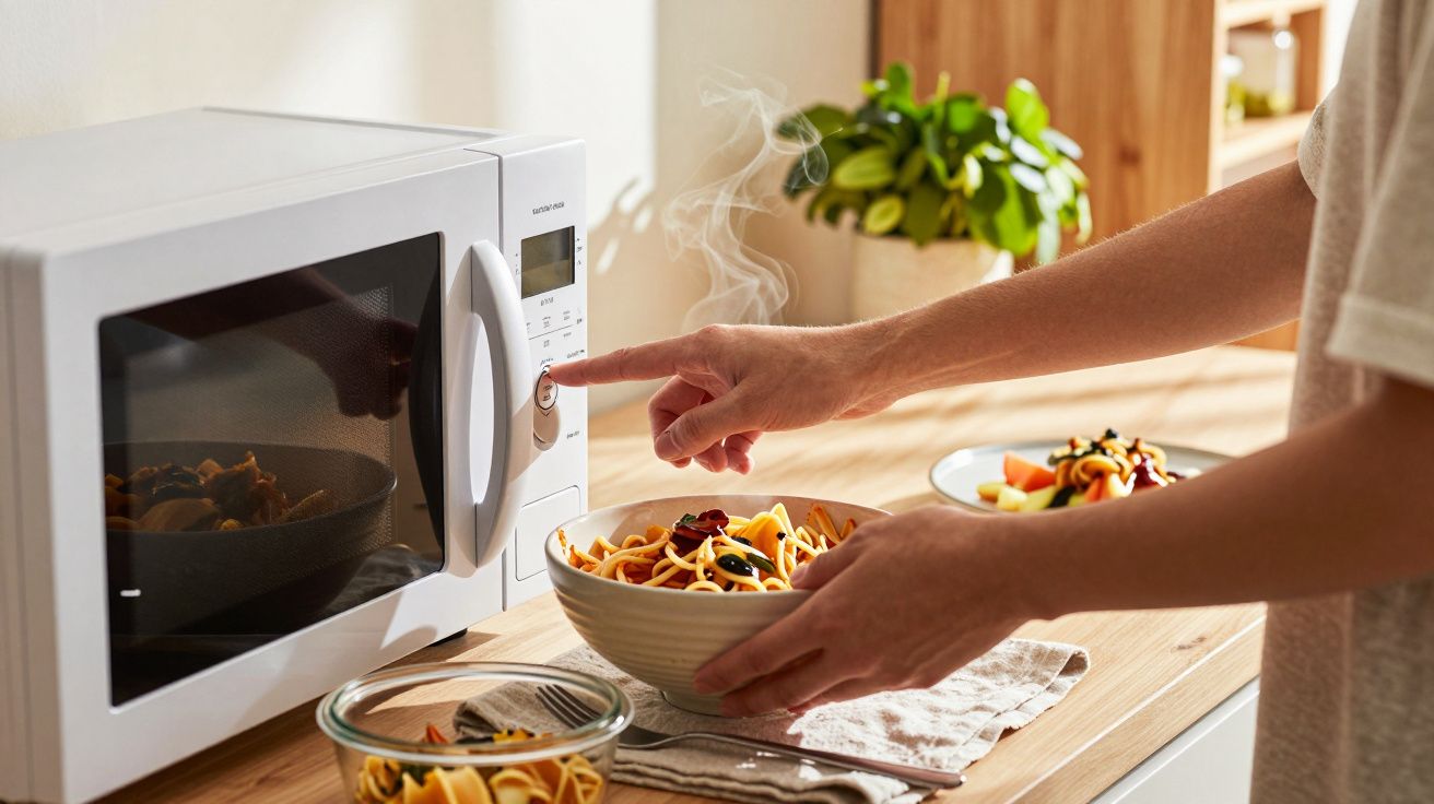 Person erhitzt Pasta in Schüssel vor Mikrowelle in Küche, daneben steht ein weiteres gefülltes Behältnis.