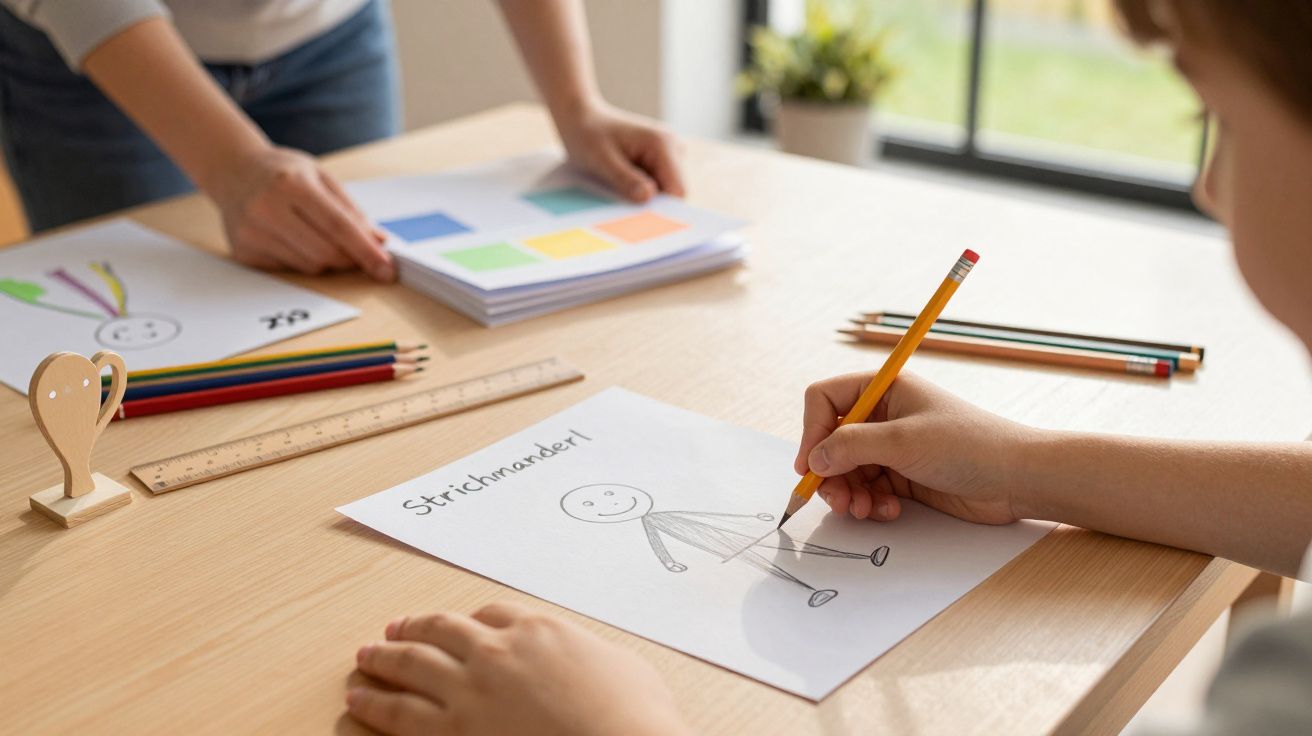 Kind malt Strichmännchen, bunte Buntstifte, Lineal und Zeichenblock auf Tisch. Erwachsene assistiert.