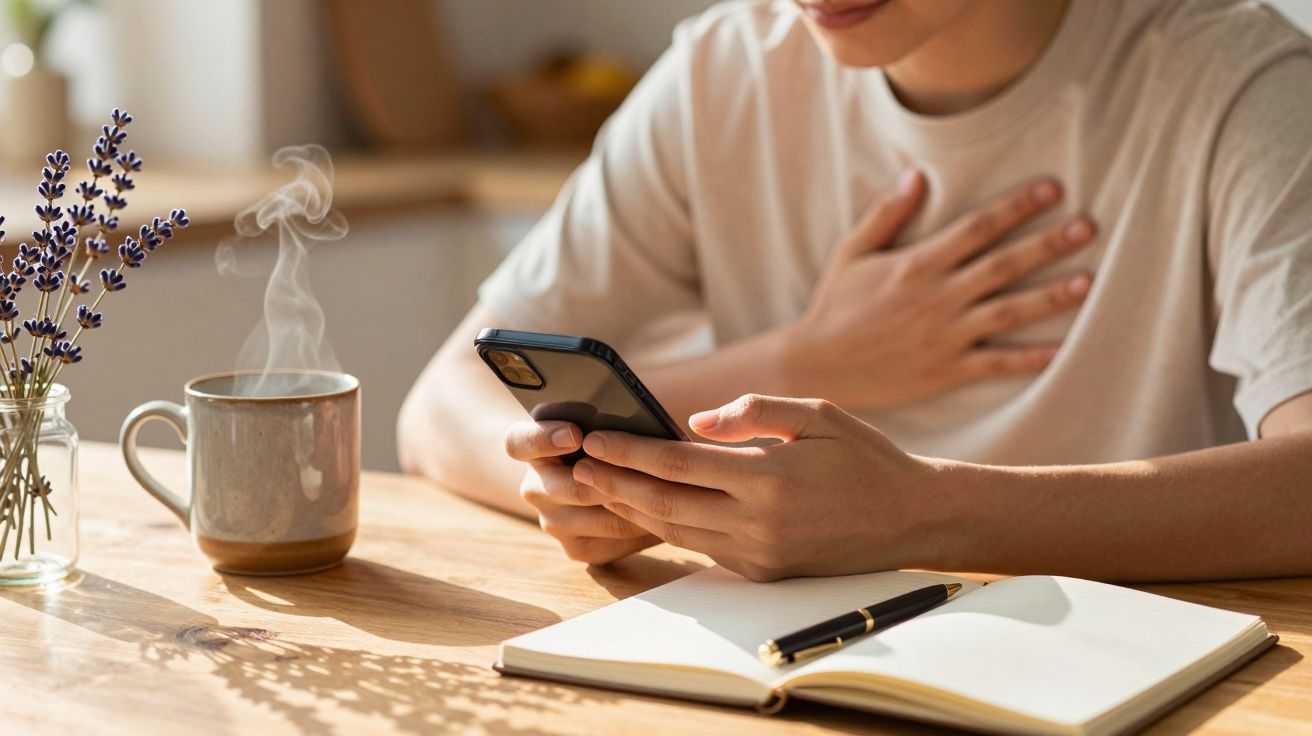 Person hält Handy, daneben eine dampfende Tasse und ein aufgeschlagenes Notizbuch auf Holztisch.