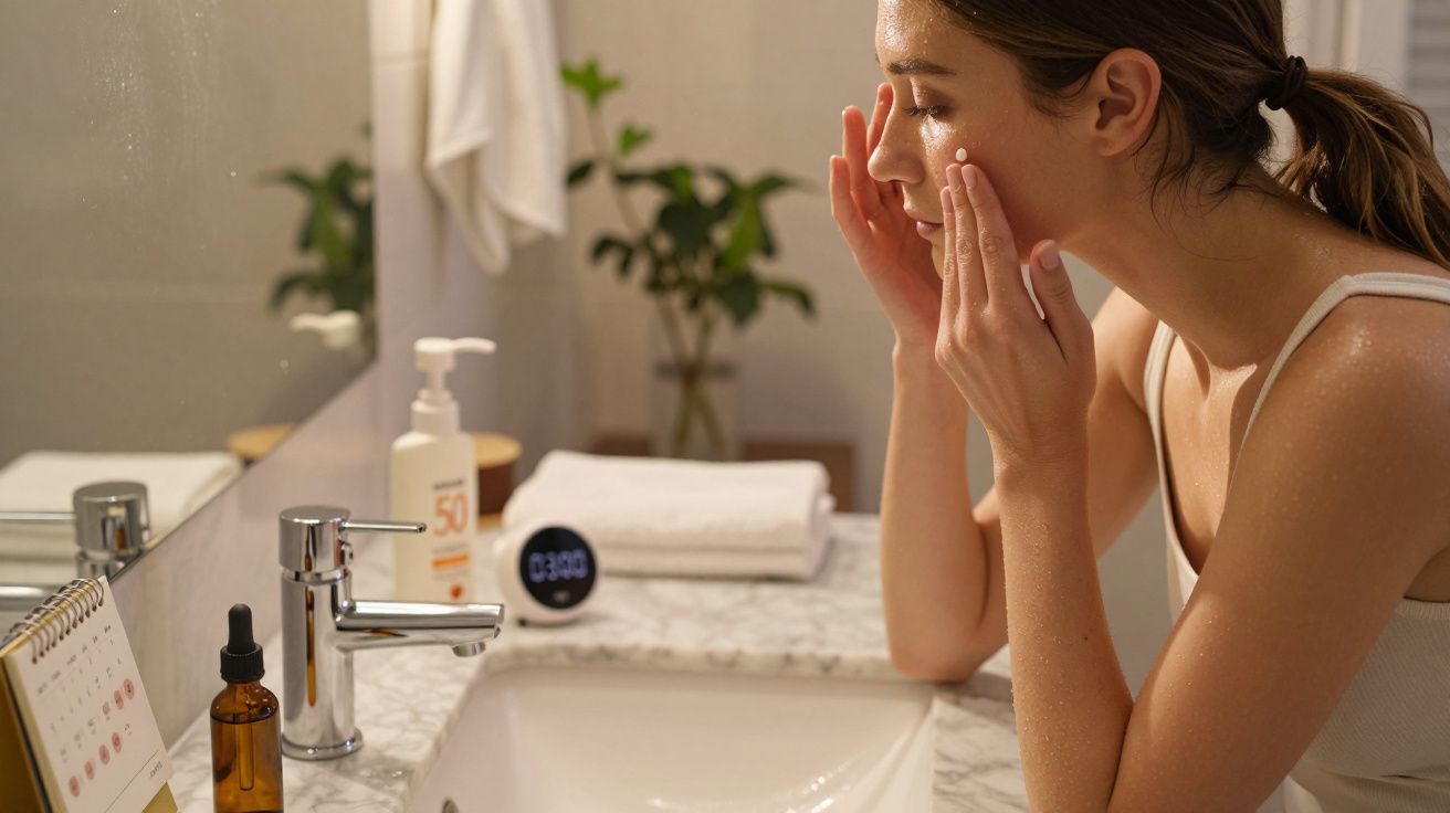 Eine Frau trägt Creme im Badezimmer auf, umgeben von Pflegeprodukten und einem Handtuch auf einer Marmorplatte.