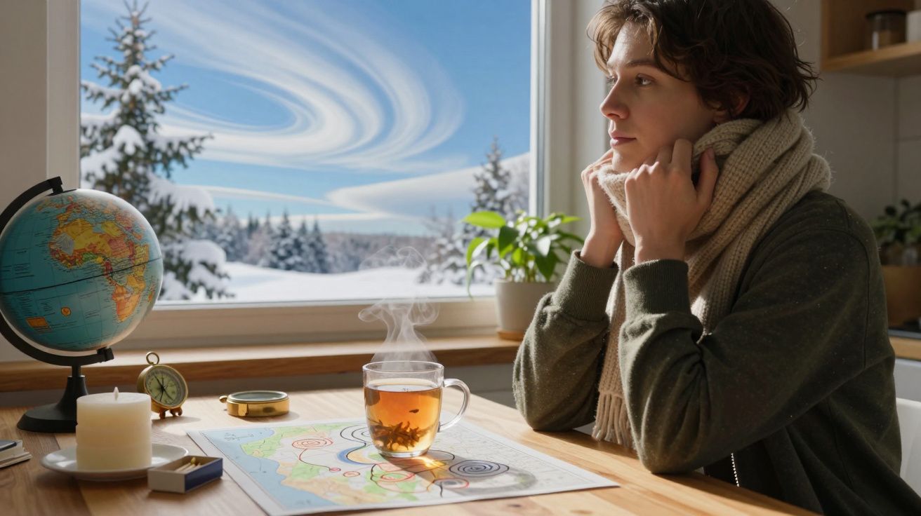 Person sitzt am Tisch mit Landkarte und Tee, draußen Winterlandschaft und Globus im Hintergrund.