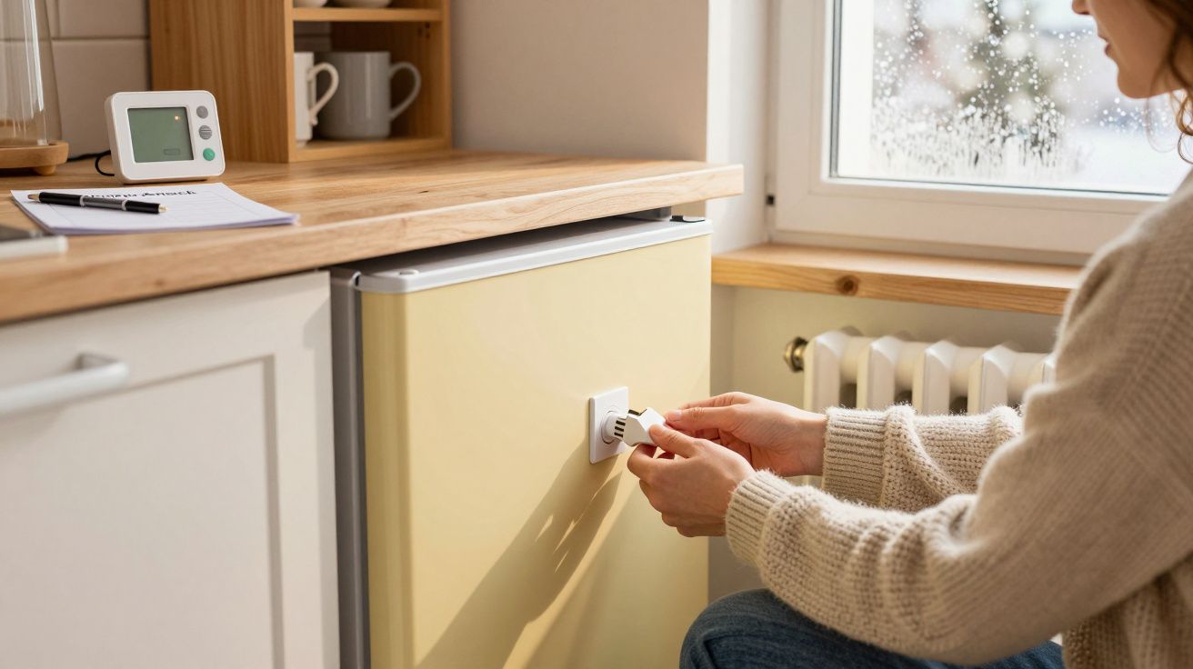 Frau in warmer Kleidung reguliert den Heizkörper in einer Küche. Auf der Arbeitsplatte liegt Papier neben einem Thermostat.