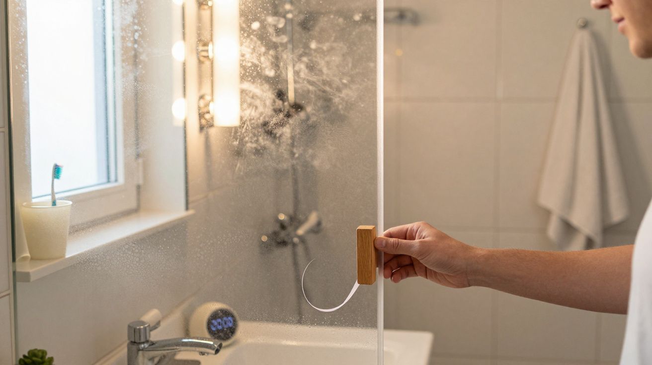 Person zieht Duschabzieher über eine nasse Glasscheibe im Badezimmer, neben einem Waschbecken mit Zahnbürste.