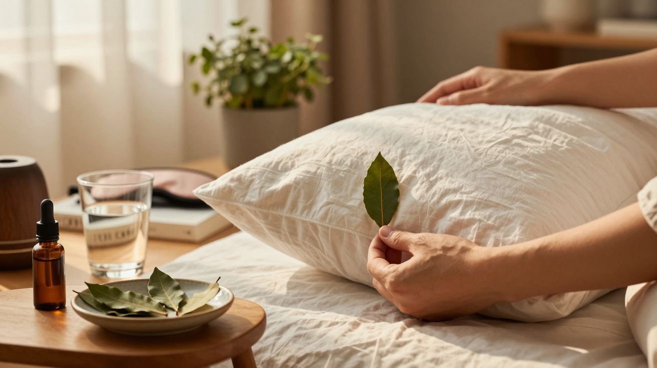 Person hält Lorbeerblatt auf weißem Kissen, daneben Tee, Glas Wasser und Pflanze auf Holztisch. Ruhige, helle Raumstimmung.