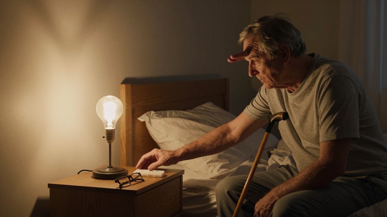 Älterer Mann mit Stock sitzt im Bett, greift nach Medikamenten auf einem Nachttisch, beleuchtet von einer Lampe.