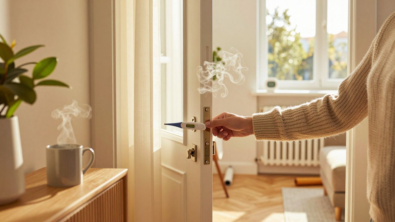 Person öffnet Tür in sonnigem Raum, Topfpflanze und dampfende Tasse auf Regal, Sofa im Hintergrund.