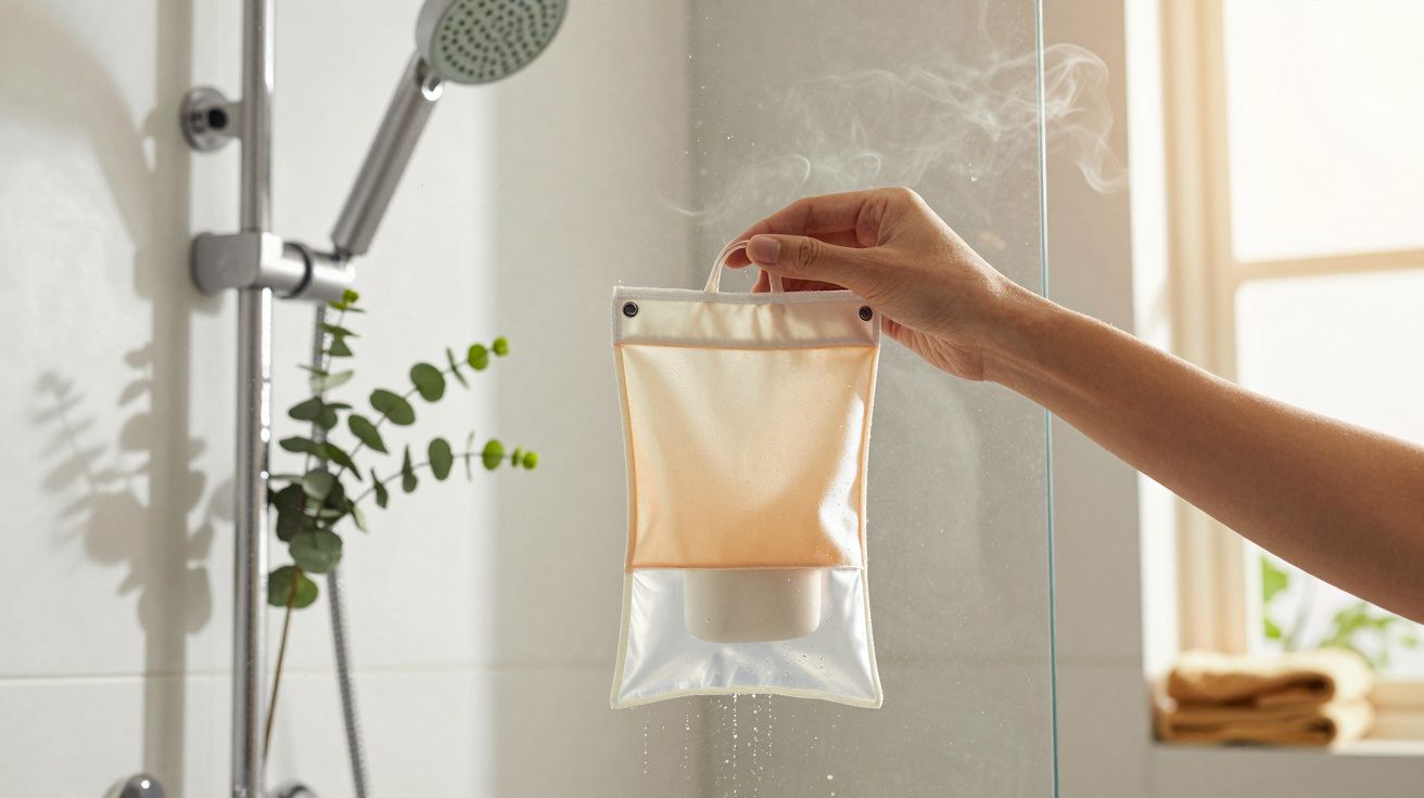 Hand hält eine duftende Tasche unter der Dusche, mit Pflanzen im Hintergrund.