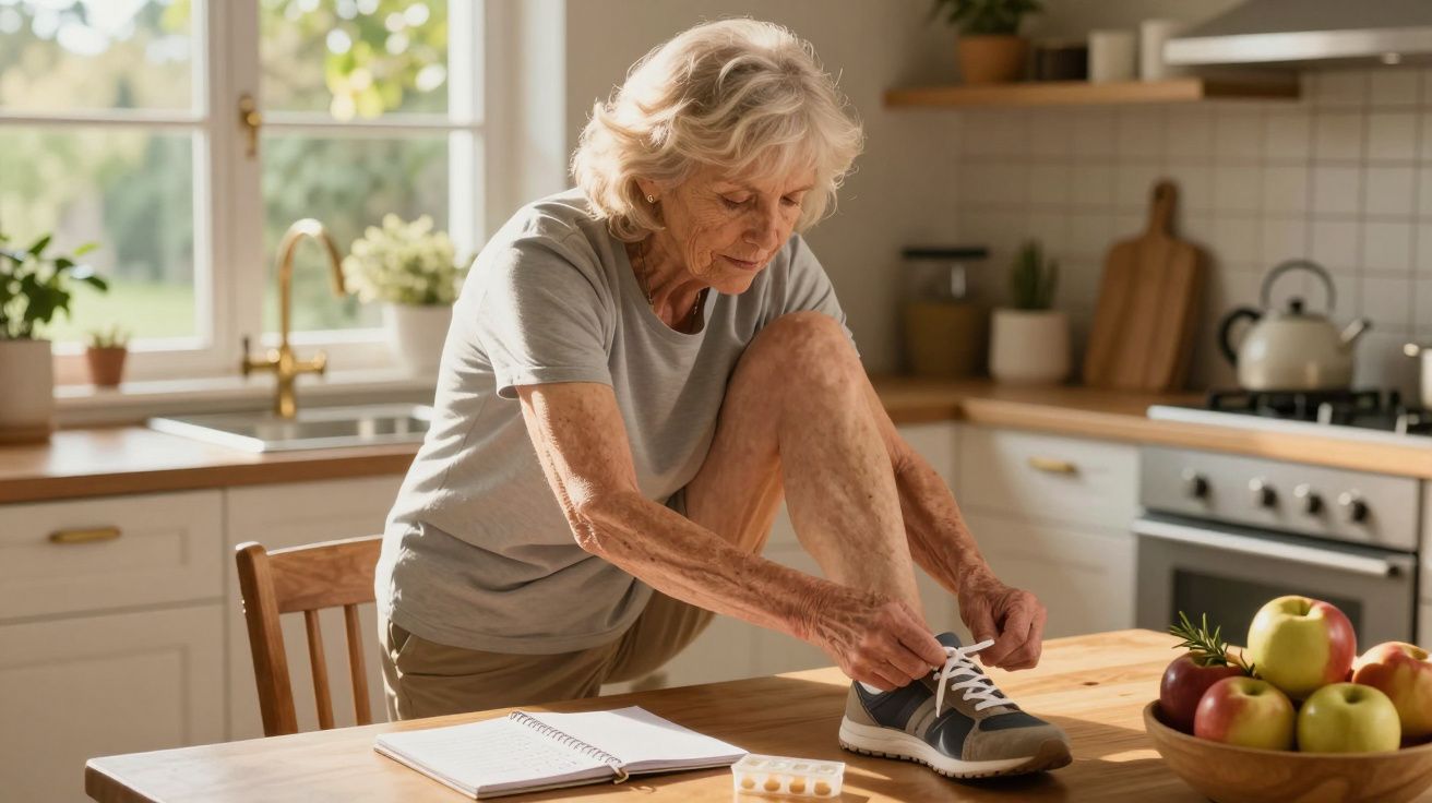 Ältere Frau in Küche, bindet Schnürsenkel auf Tisch, neben Notizbuch und Obstkorb.