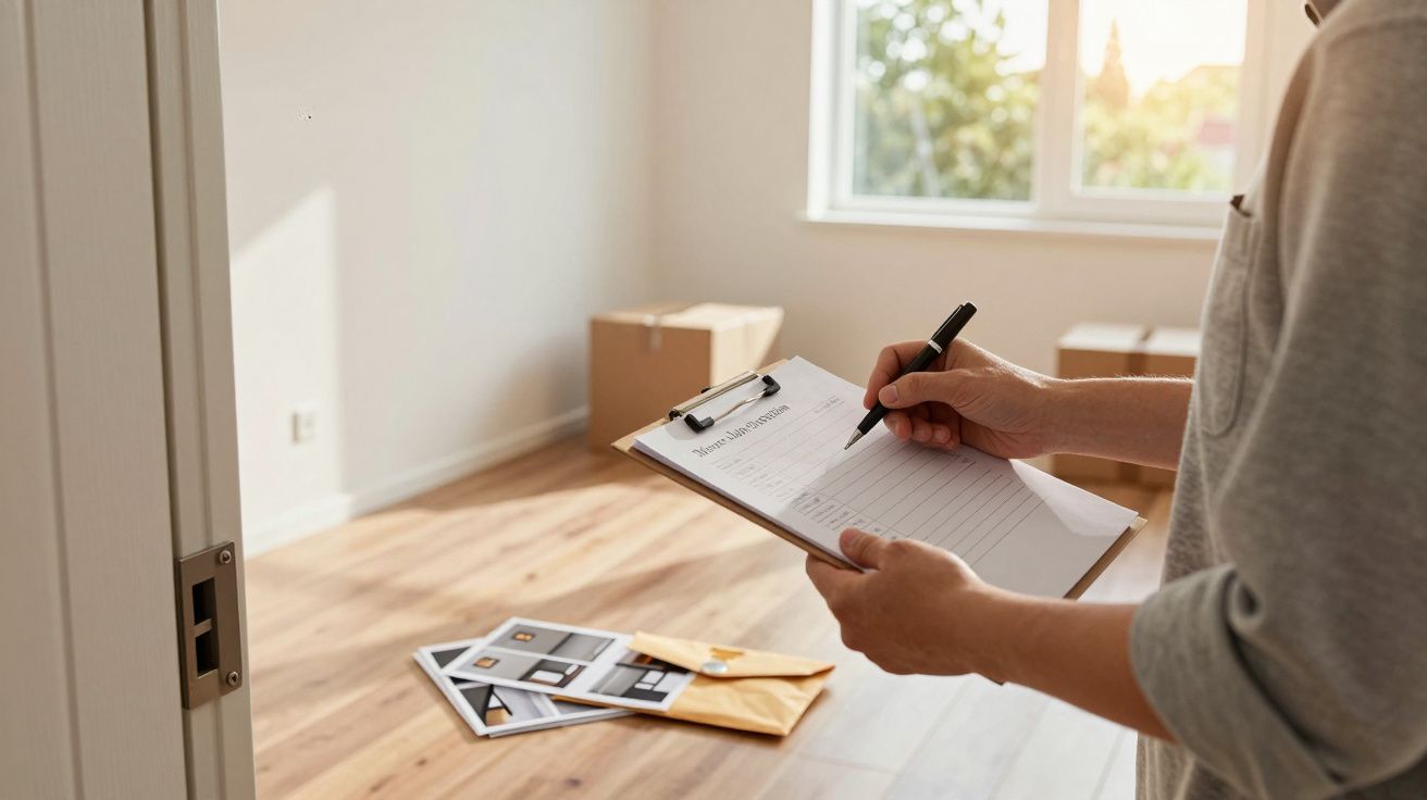Person notiert Informationen auf einem Klemmbrett in einem Raum mit Umzugskartons und einem sonnigen Fenster.