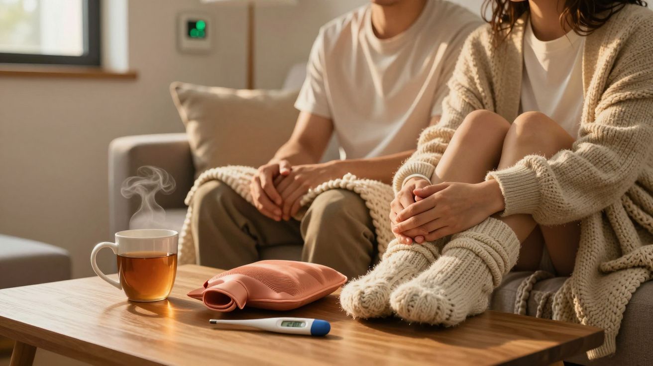 Paar sitzt auf Sofa, Tee und Fieberthermometer auf Tisch. Heizkissen und warme Kleidung halten warm.