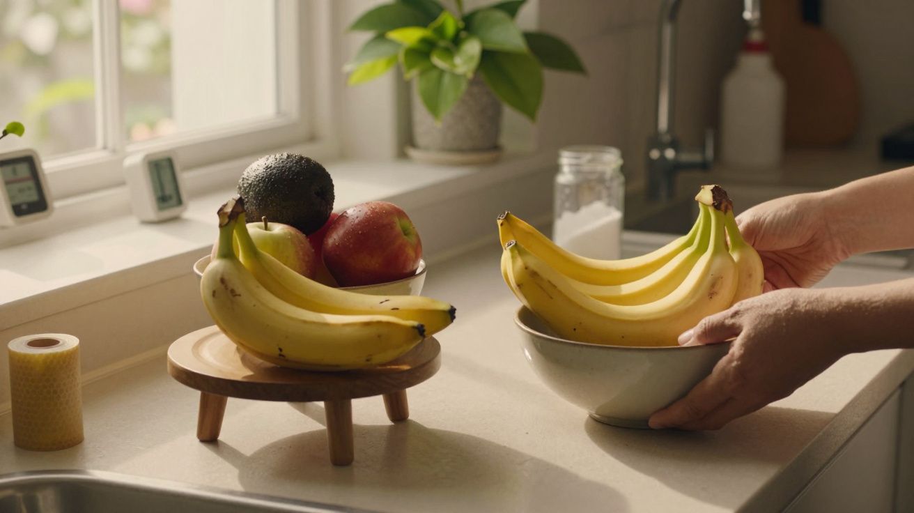Person stellt Schüssel Bananen auf Küchentisch, daneben Obstschale und Pflanze auf Fensterbank.