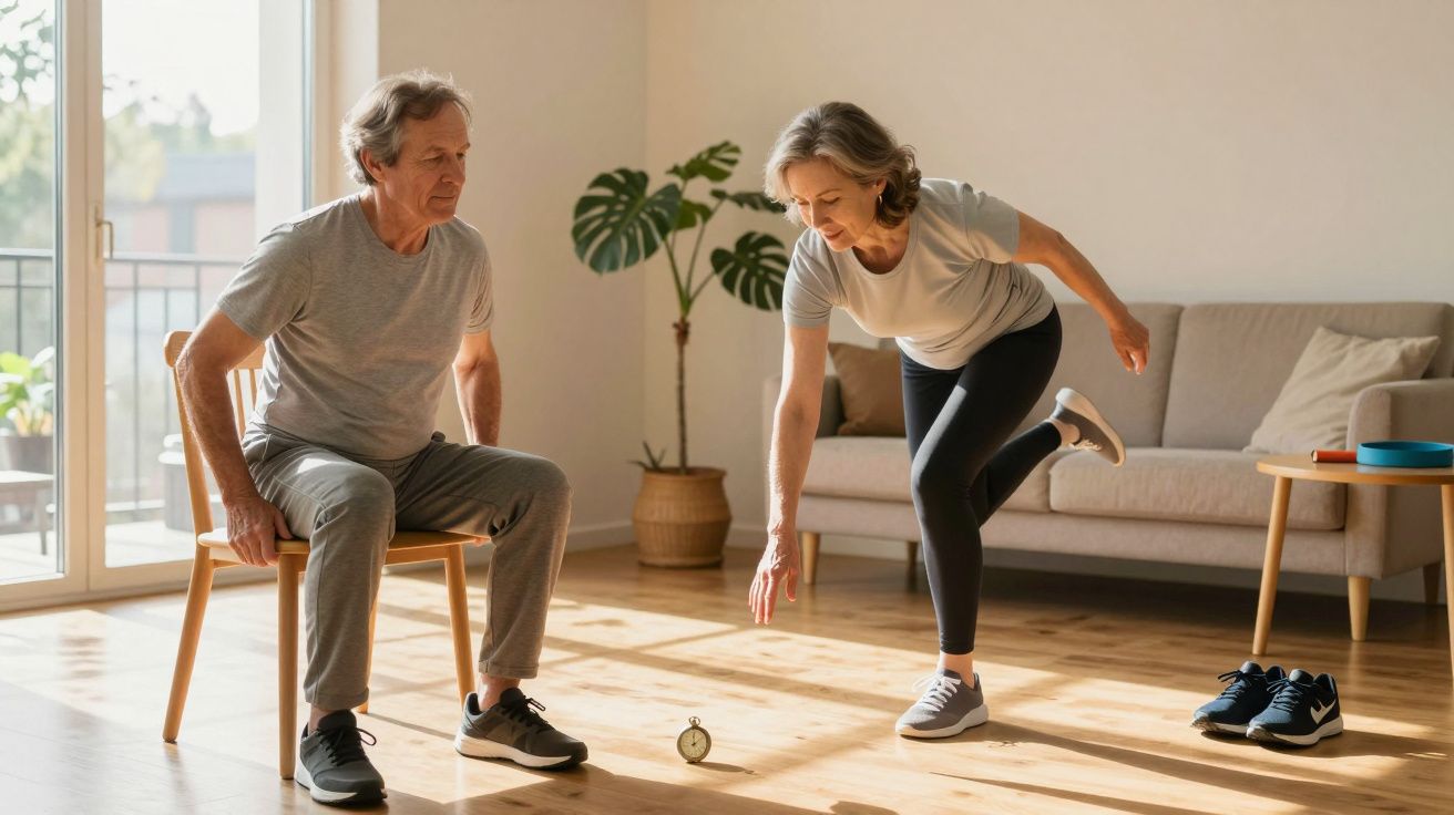 Älteres Paar trainiert zu Hause, Frau balanciert auf einem Bein, Mann sitzt auf Stuhl, helle Wohnungseinrichtung.