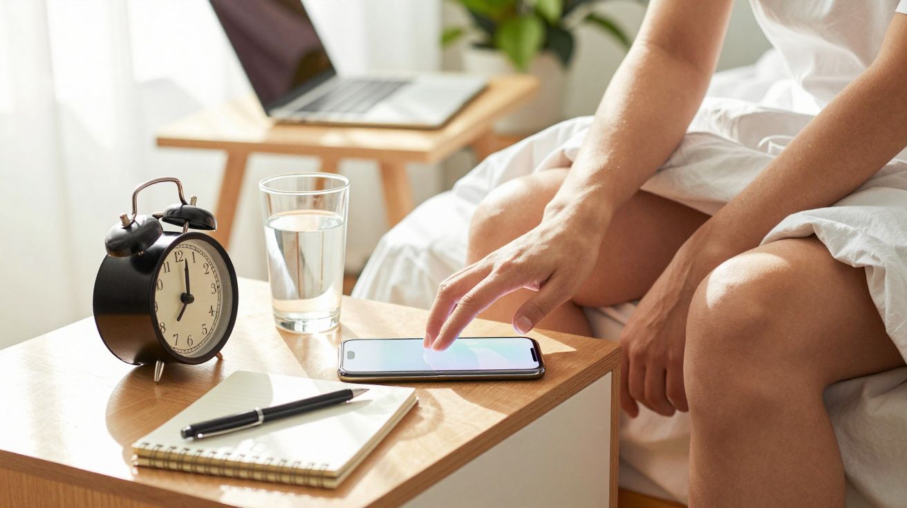 Person im Bett tippt auf Smartphone auf Nachttisch mit Wecker, Notizbuch und Wasserglas, Laptop im Hintergrund.