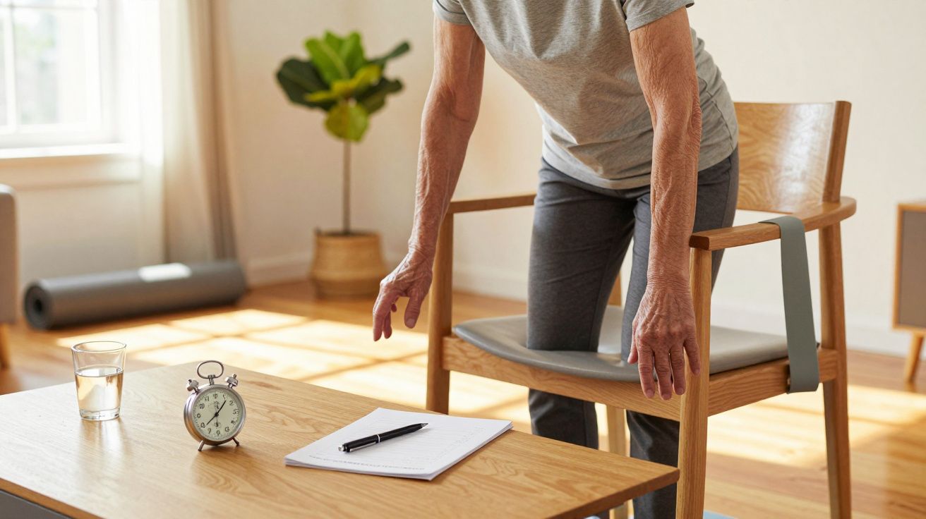 Ältere Person beim Aufstehen von einem Stuhl, Tisch mit Wecker, Glas Wasser und Notizblock im Vordergrund.
