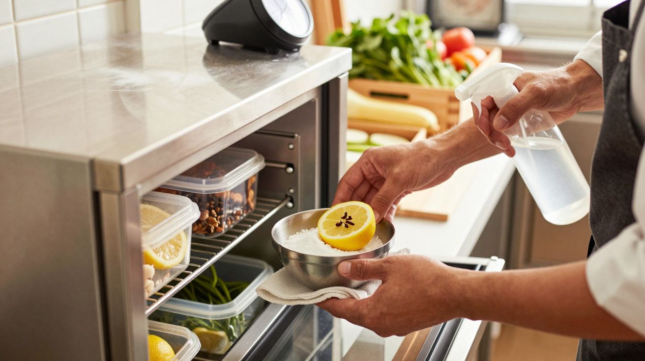 Person legt eine halbe Zitrone in eine Schale mit Salz in der Küche, umgeben von Gemüse und Vorratsdosen.