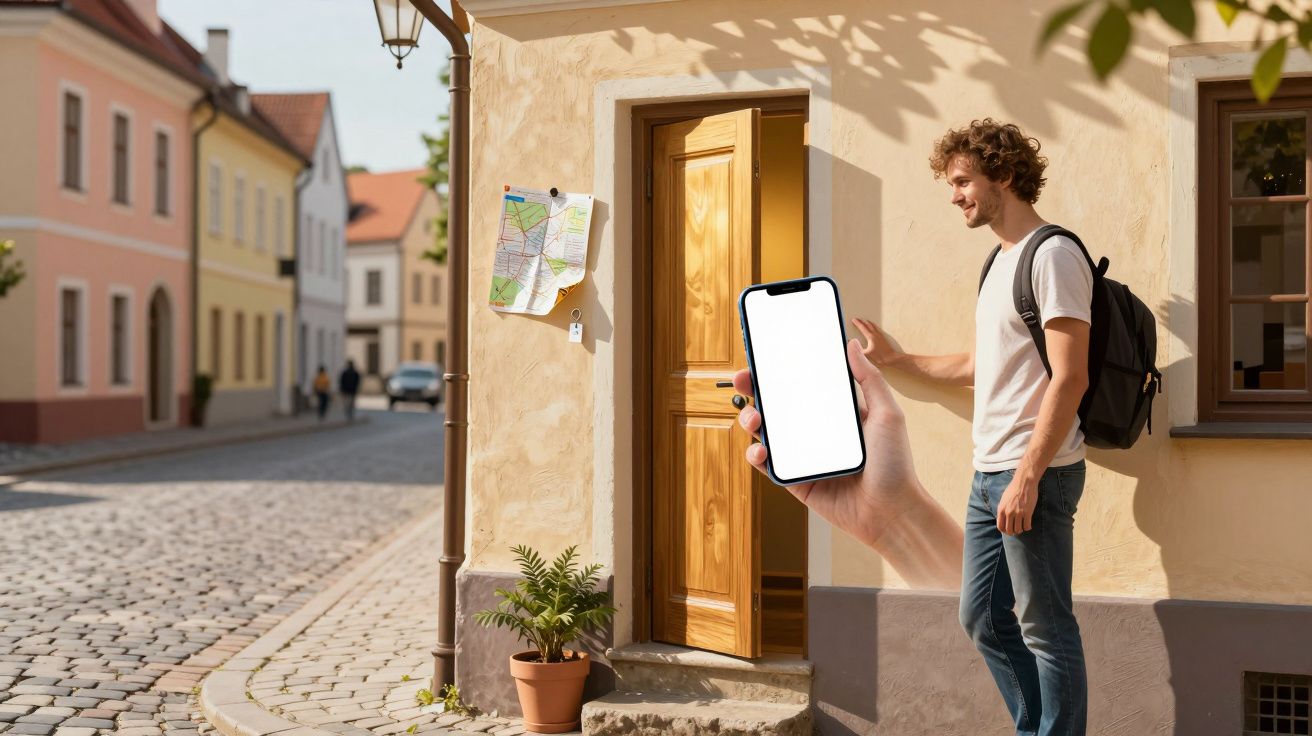 Mann mit Rucksack öffnet Tür in sonniger Gasse, während im Vordergrund ein Smartphone mit leerem Bildschirm gehalten wird.