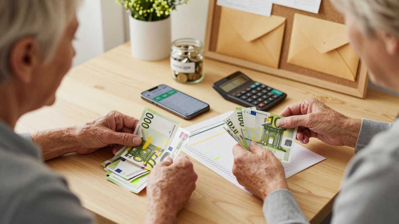 Zwei ältere Personen zählen Euro-Geldscheine an einem Schreibtisch, mit Smartphone und Taschenrechner daneben.