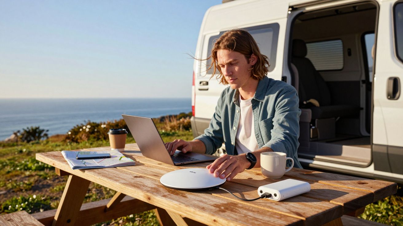 Mann arbeitet am Laptop auf einem Holzpicknicktisch vor einem Van am Meer, mit Notizbuch und Kaffee.