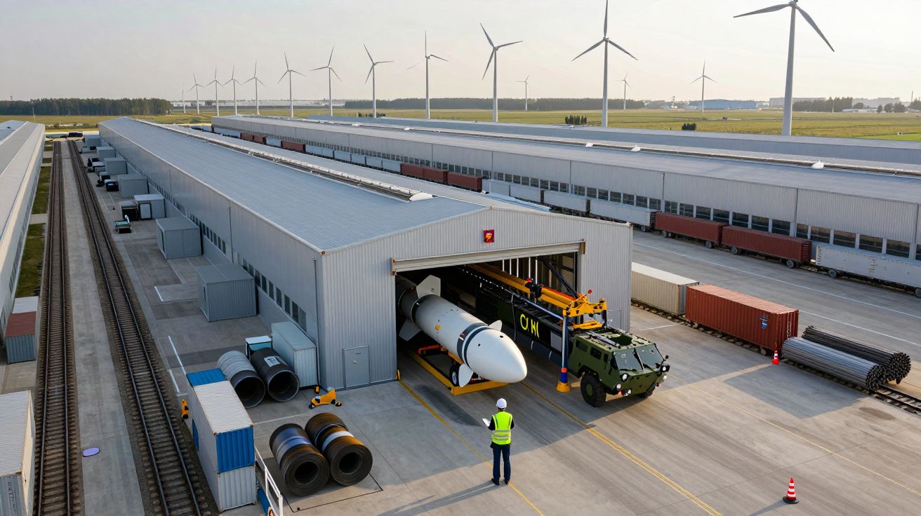 Industriegelände mit Windrädern, ein Fahrzeug zieht eine Rakete aus einer Lagerhalle, Schienen und Container im Hintergrund.